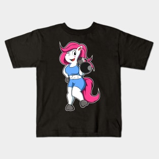 Horse at Girl at Bodybuilding with Dumbbell Kids T-Shirt